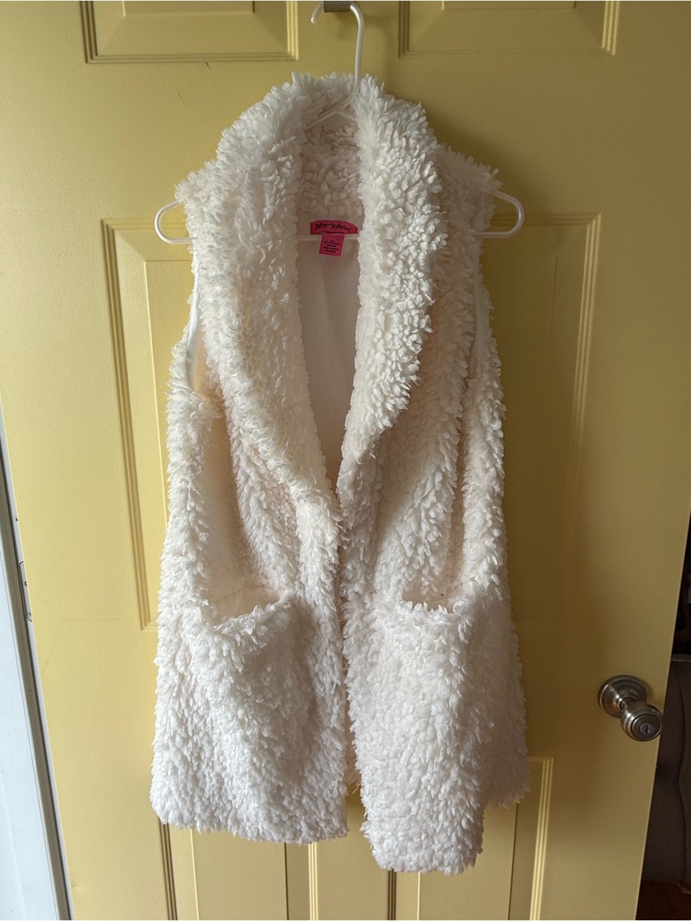 Betsey Johnson Cream Faux-Sherpa Vest with Pink Label